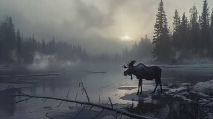 Wall Mural - Moose in Frosty Forest by Misty River