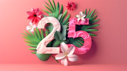 Minimalist 3D Render of Number 25 Adorned with Tropical Flowers and Leaves on Bright Colored Background