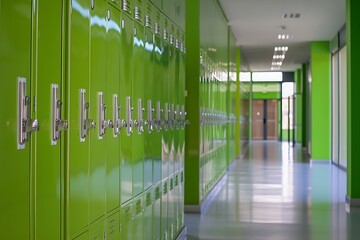 Wall Mural - A series of green lockers in a bright and clean school hallway
