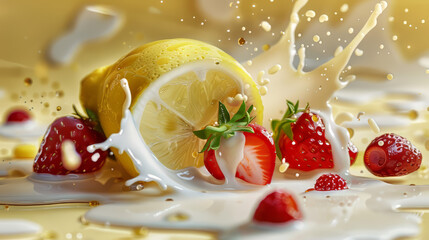 Wall Mural - lemon and strawberries in a refreshing yogurt splash