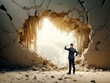 © Who is Danny - A man with binoculars looks through a large cracked wall, realistic style, neutral background, concept of opportunities. Generative AI