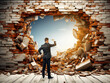 © Who is Danny - Man in suit breaking through a brick wall, on white wooden floor against a sky background, concept of breakthrough. Generative AI