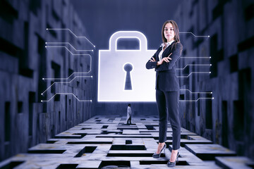 Wall Mural - A confident woman in business attire in front of a digital lock symbol, with a labyrinth and futuristic elements in the background, symbolizing security. Generative AI