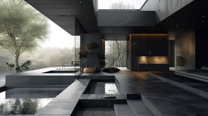 Poster - Inside all black modern villa. Generative AI.
