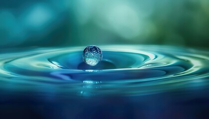 Wall Mural - Beautiful macro image of clean, bright water drop on smooth surface in blue and turquoise colors. Creative beauty of environment and nature, serene water drop photography, tranquil macro water droplet