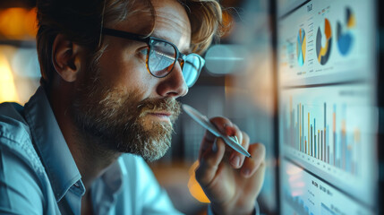 Wall Mural - Man in glasses with a pen at a board with graphs. Generative AI.