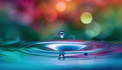 Wall Mural - Beautiful macro image of clean, bright water drop on smooth surface in blue and turquoise colors. Creative beauty of environment and nature, serene water drop photography, tranquil macro water droplet