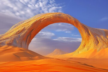 Stunning natural stone arch in a serene desert landscape illuminated by the warm glow of sunset