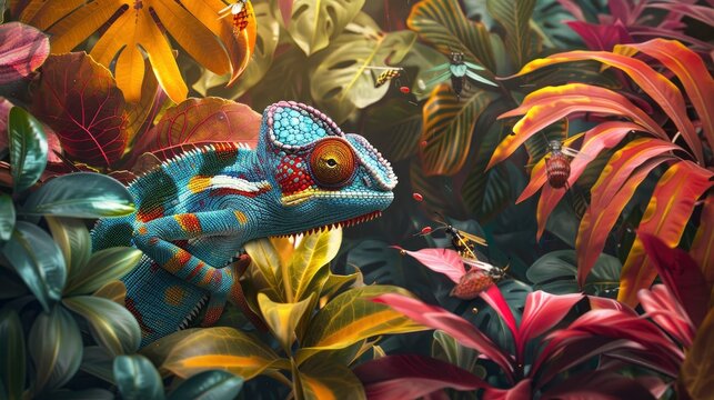 Design A Vivid Jungle Scene With A Chameleon Blending Into The Colorful Foliage And Insects Buzzing Around