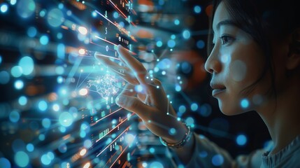 Fototapete - Some digital flow of data through the air, fingers are trying to touch bubbles filled with coding languages shortcuts. Generative AI.
