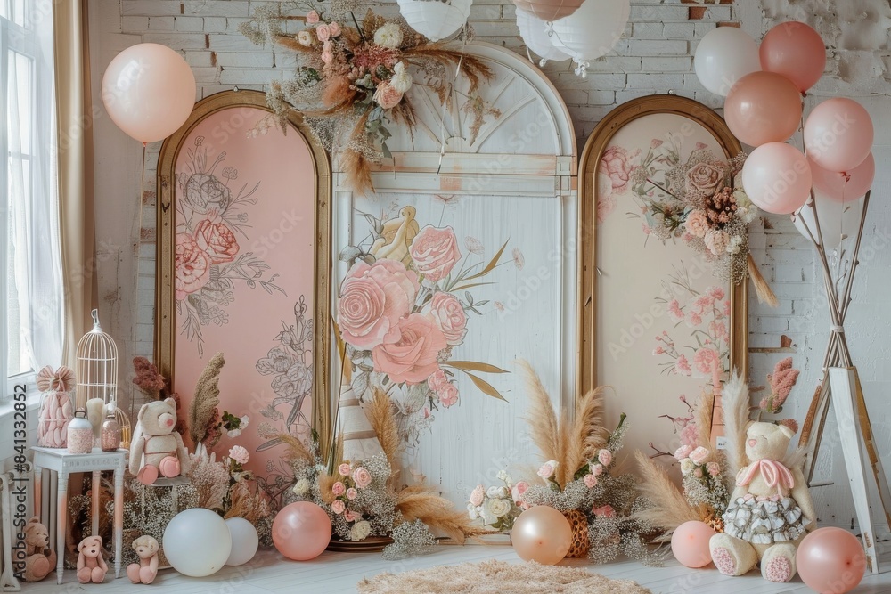 A Pink And White Themed Party With A Bear Doll Stock Photo 