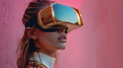 Aufkleber - Beautiful Woman Wearing Gold VR Glasses On Pink Background. Virtual Reality Concept. Generative AI.