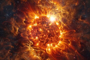 Wall Mural - A close up of a sun with a lot of fire coming out of it