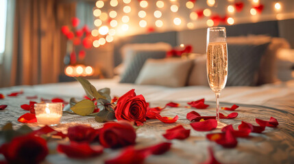 Wall Mural - bed adorned with a delicate bouquet of roses and champagne glasses in a warmly lit room, romantic, honeymoon and Valentine's concept.Generative AI