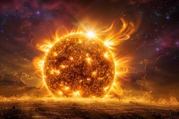 Wall Mural - A close up of a sun with a lot of fire coming out of it