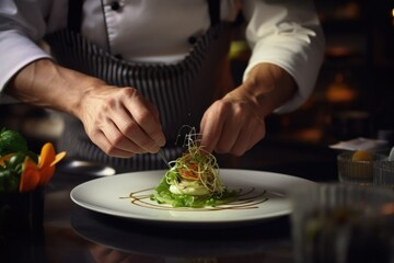 Wall Mural - A chef carefully places ingredients on a plate, ready for serving