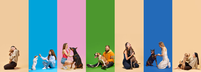 Wall Mural - Collage. Various people and their dogs against colorful backgrounds. Man and women playing with joy with their little friends. Concept of pets lovers, emotions, friendship, animals, companion. Ad