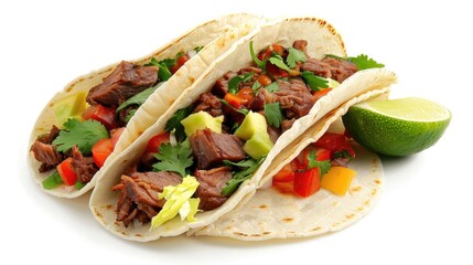 Wall Mural - Tasty taco with meat veggies and lime wedge on white background
