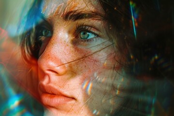 Sticker - Close-up portrait of a young woman with captivating eyes and colorful light patterns on her face