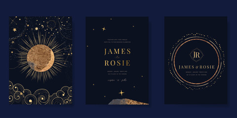 Navy Blue Luxury Wedding Invitation, start invite thank you, rsvp modern card Design in Night sky with  little star moon sun and space decorative Vector elegant rustic template