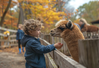 Wall Mural - A little boy in a blue jacket and jeans, standing near a fence at a farm petting zoo feeding a brown colored alpaca from his hand