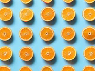 A pattern of halved oranges arranged in a grid on a bright blue background, creating a vibrant and fresh visual