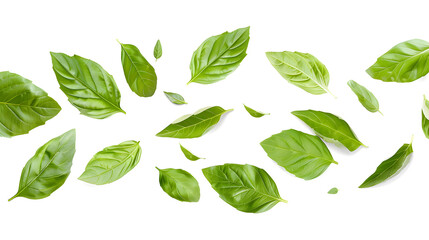 Wall Mural - Falling basil leaves isolated on white background