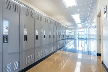 Wall Mural - Grey lockers with combination locks in a well-maintained school hallway