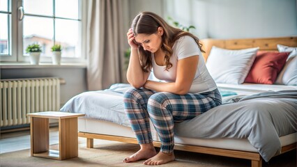 weight gain young woman suffering depression sitting on bed at home 