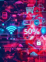 Poster - Abstract background depicting an online sale with shopping carts, product icons, and a 50% off discount. Generative AI