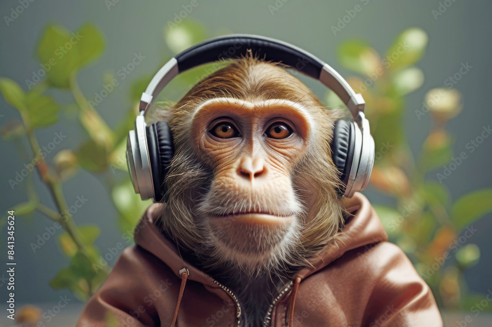 Fantasy image of Monkey with Headphones Listening to Music Stock Photo ...