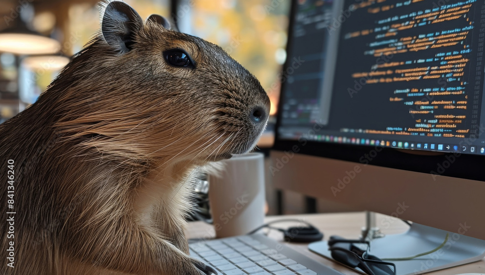 Capybara Tech Capybara sitting in front of computer, coding. the code running in the ...