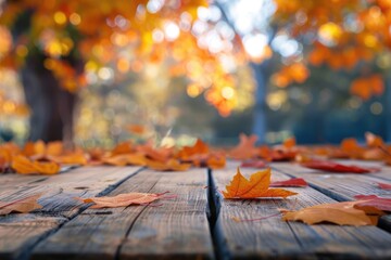 Wall Mural - Fall Table. Wooden Table with Autumn Leaves on Blurred Nature Background