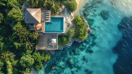 Wall Mural - Aerial view of a private villa near sea, stunning overwater architecture, clear blue lagoon, spacious deck with sun loungers, palm trees dotting the landscape, vibrant and inviting. Generative AI.