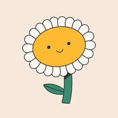 Wall Mural - Cute flower character in groovy retro style. Abstract daisy with smiling face. Funky plant in 70s design. Vector illustration