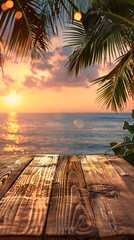 Wall Mural - empty wooden table on beach at sunset