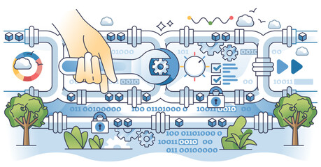 Wall Mural - data pipeline tools for information flow automation outline hands concept, transparent background. t
