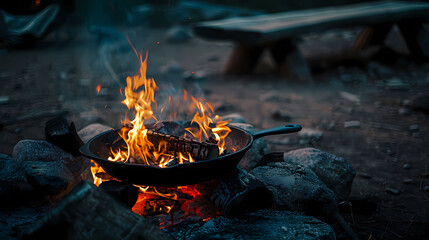 A pan with a fire in it is sitting on a pile of rocks