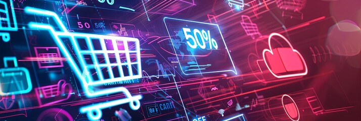 Poster - Abstract background with digital shopping carts, product icons, and bold 50% off text. Generative AI