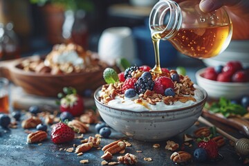 a hand pouring honey from a glass jar into a bowl of Greek yogurt topped with fresh berries and nuts