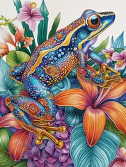 Wall Mural - Vibrantly detailed colorful frog in tropical setting with flowers, showcasing intricate patterns.