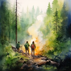 Wall Mural - Three people are walking through a forest with a fire in the background, watercolor illustrations , summer activitie, Camping in the woods.