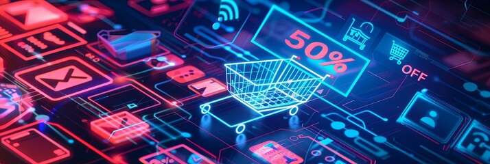 Aufkleber - A 3D rendering of a shopping cart with a glowing 50% off discount, surrounded by digital icons. Generative AI