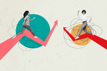 Wall Mural - Poster collage picture of two people running fast arrow up on pastel color background