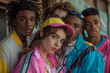 © MagicsPhotos - A group of young adults showcases vibrant 90s-inspired fashion with colorful sunglasses, denim jackets, bold makeup, and statement jewelry, reflecting a blend of retro and contemporary urban style