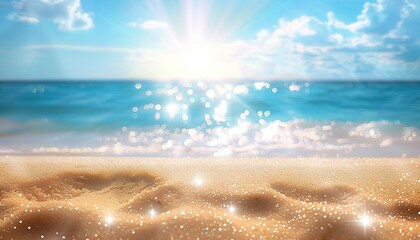 Natural blurred defocused background of tropical summer beach with rays of sunlight. Light sand beach, ocean water sparkles against blue sky for concept summer vacation. summer beach vacation 