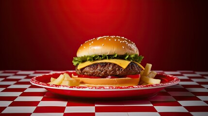 Wall Mural - photograph of a classic American cheeseburger on a red and white checkered plate