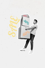 Poster - Collage poster artwork of funny nice man carry heavy boxes isolated on creative drawing background