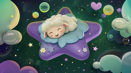 Wall Mural - a snuggly white cartoon sheep sleeps on a lavender star floating in the night sky on a dark green ba