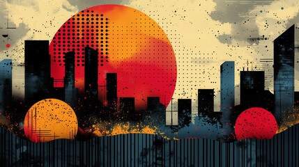 Wall Mural - An abstract design featuring a cityscape with large red and yellow suns in the background.